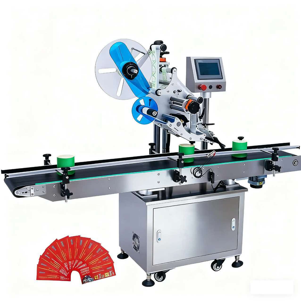 Flat surface labeling machine for boxes and bags