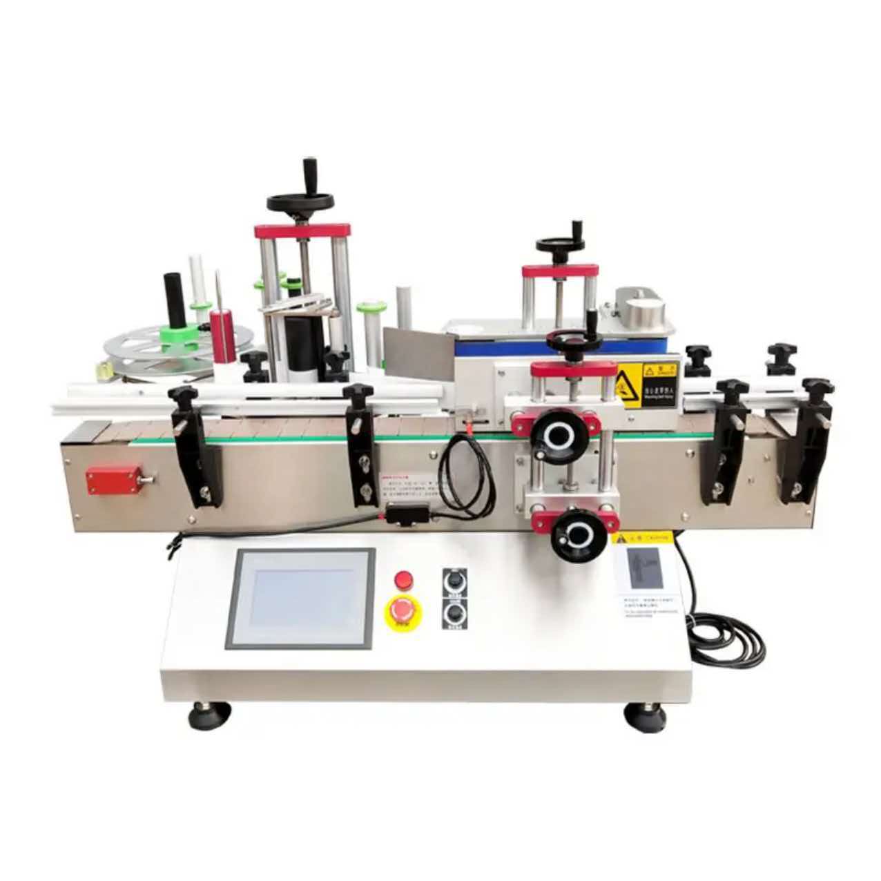 Compact automatic desktop round bottle labeler with touchscreen