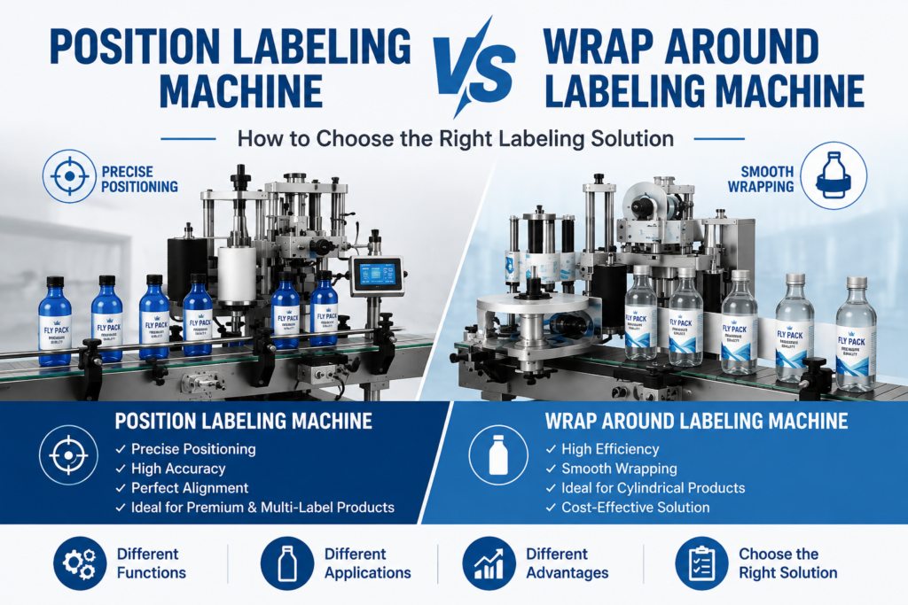 Position labeling machine vs wrap around labeling machine comparison showing different labeling solutions for industrial packaging