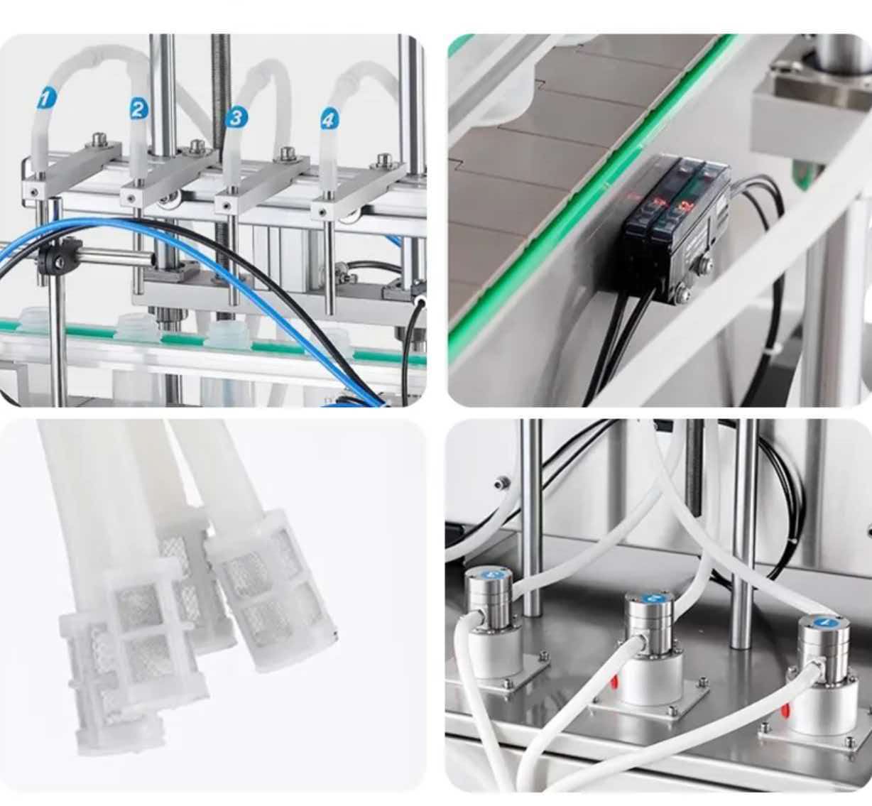 Liquid filling machine heads sensors pumps and tubing details